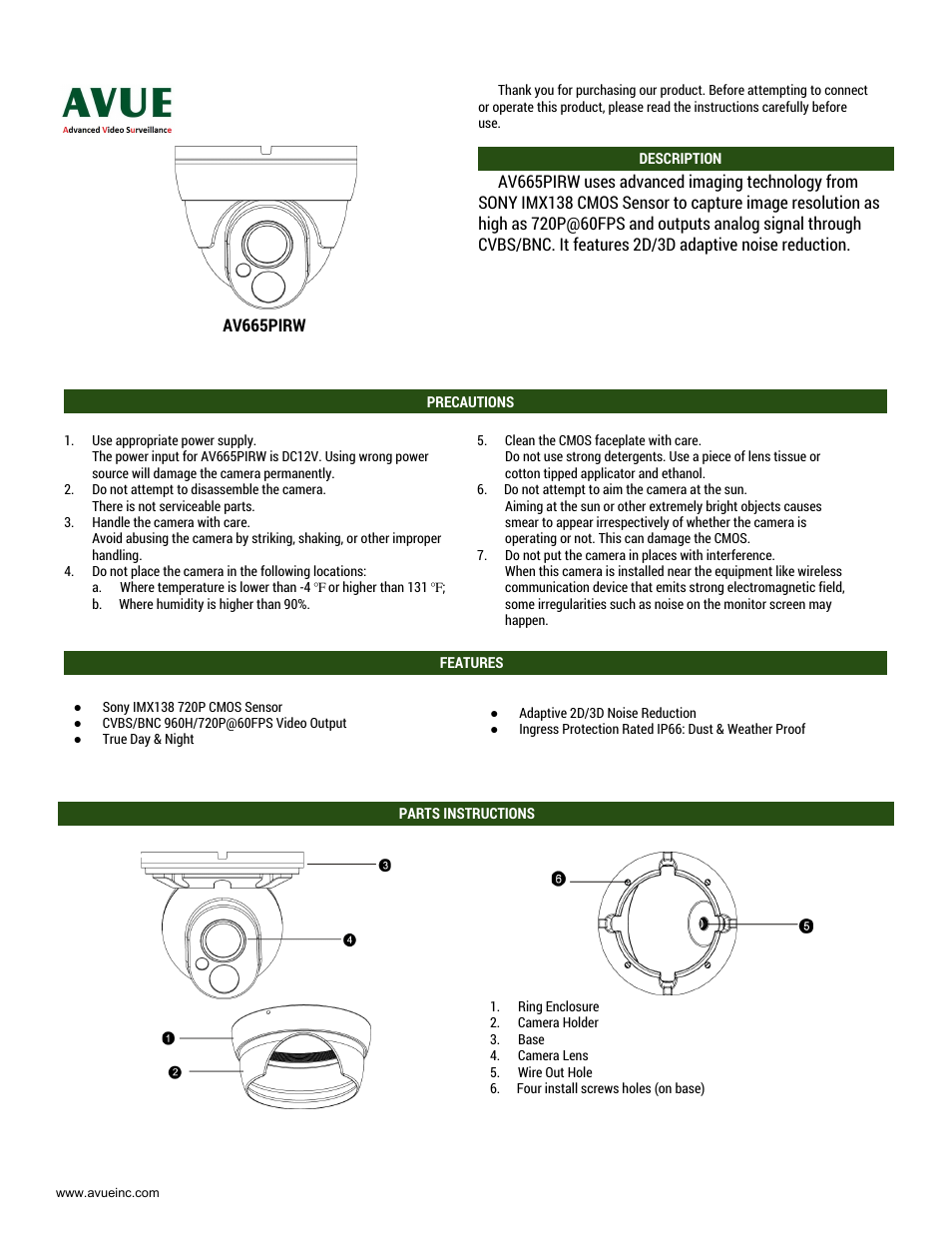 AVUE AV665PIRW – 1000 TVL Dome CCTV Camera 3.6mm Lens User Manual | 2 pages