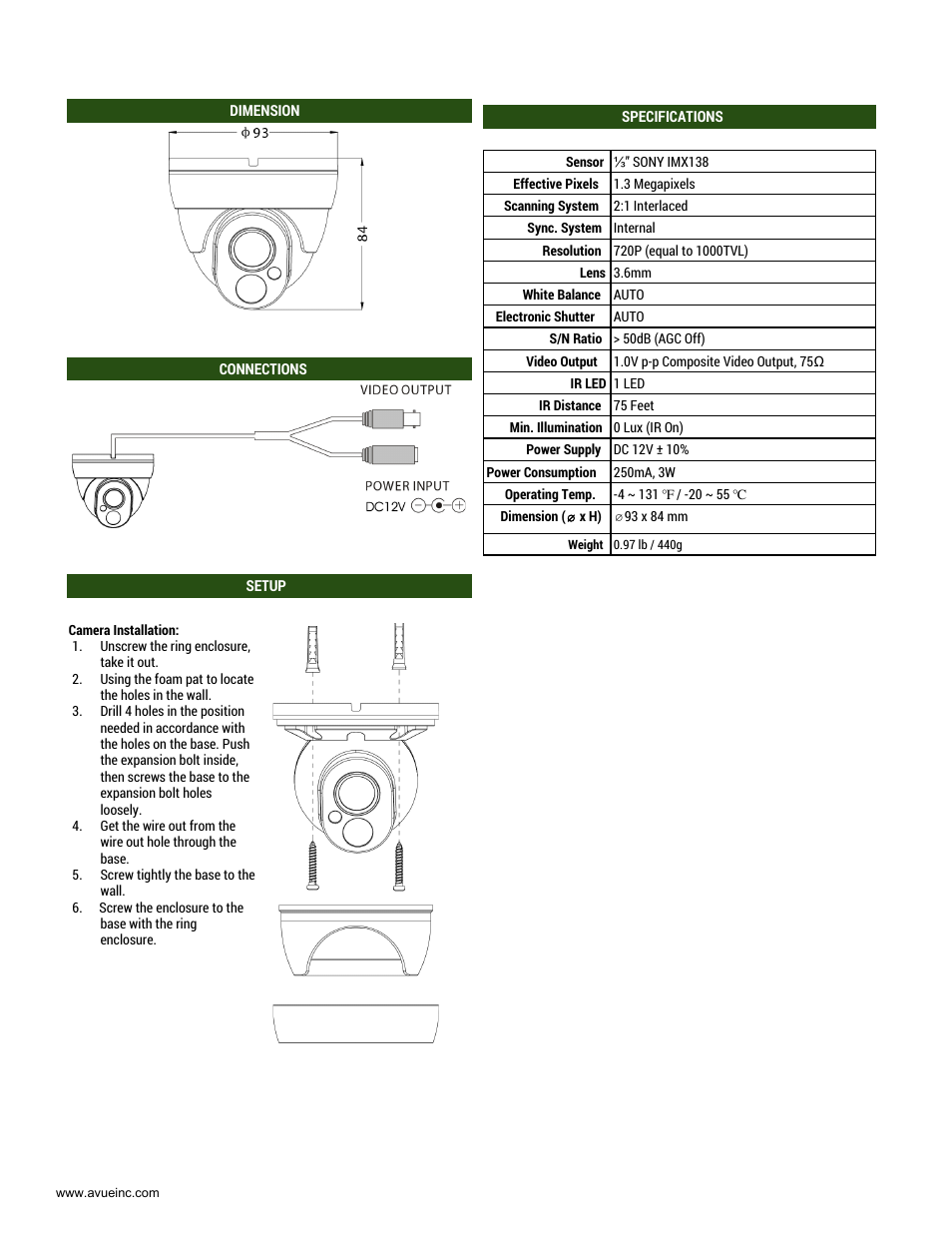 AVUE AV665PIRW – 1000 TVL Dome CCTV Camera 3.6mm Lens User Manual | Page 2 / 2