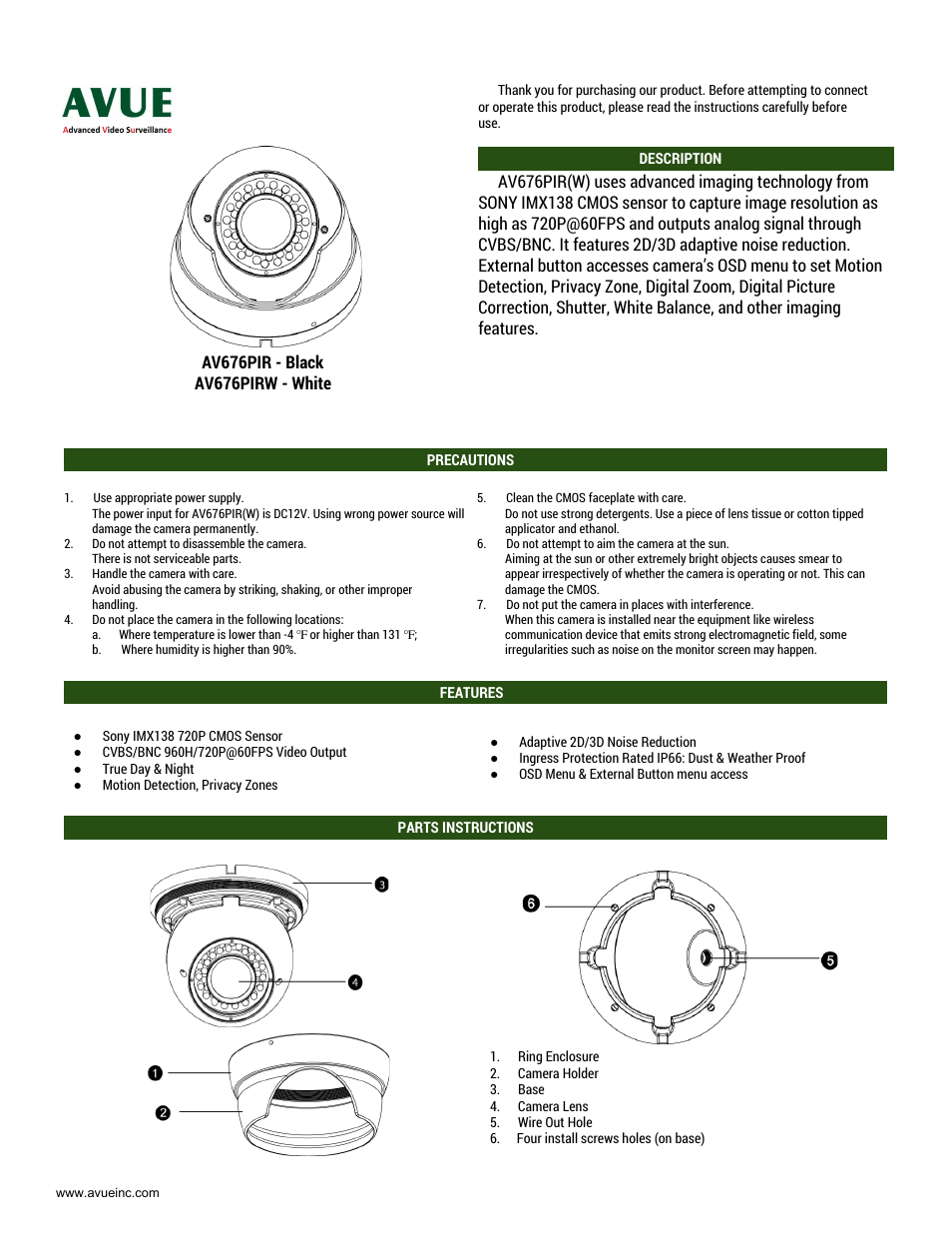 AVUE AV676PIRW – 1000 TVL Dome CCTV Camera with 2.8-12mm Lens and OSD User Manual | 2 pages