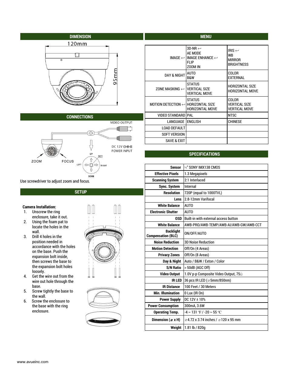 AVUE AV676PIRW – 1000 TVL Dome CCTV Camera with 2.8-12mm Lens and OSD User Manual | Page 2 / 2