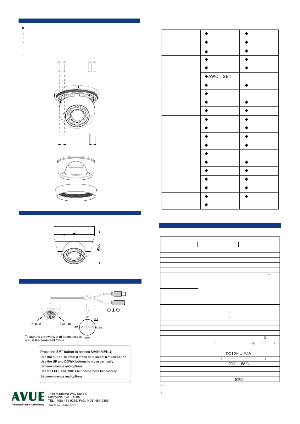 Main menu | AVUE AV666EW – 960H 700 TVL IR White Dome Camera User Manual | Page 2 / 2