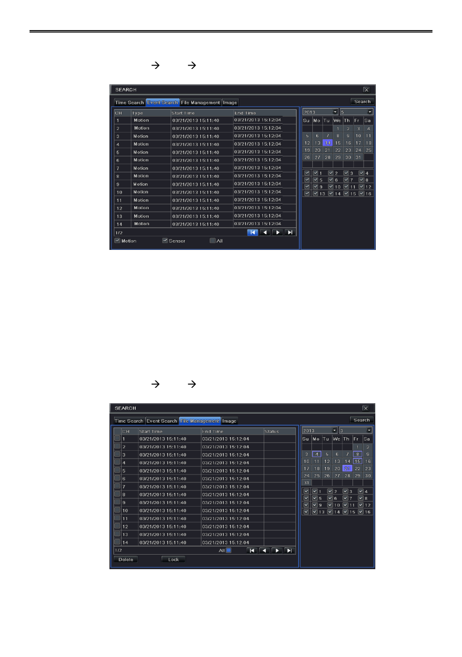 2 event search 5.3 file management, 2 event search, 3 file management | AVUE ADR9600HE – 8/16 Channel Professional 960H/700 TVL Real Time 1U DVR User Manual | Page 45 / 87