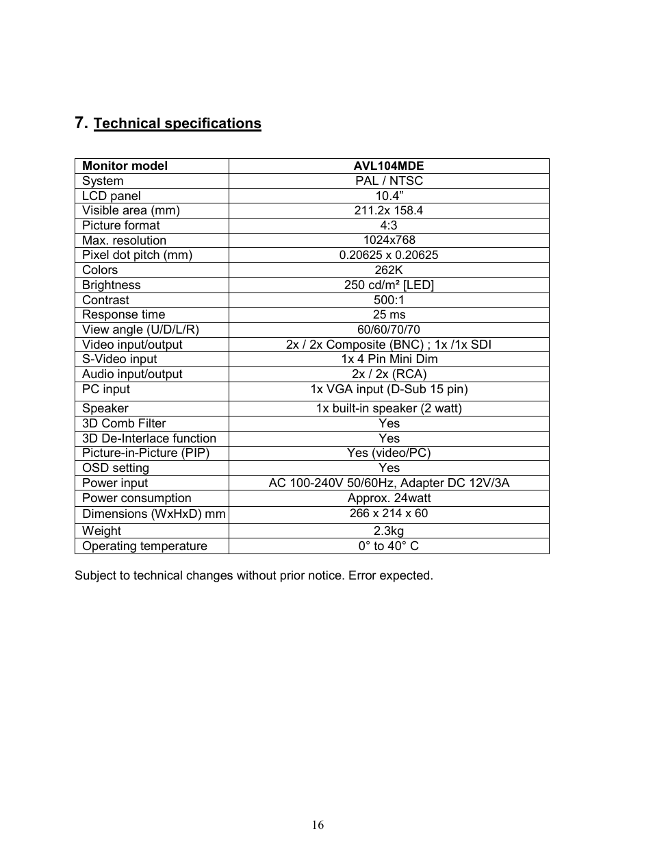 AVUE AVL104MDE – 10.4” LCD Monitor User Manual | Page 16 / 18
