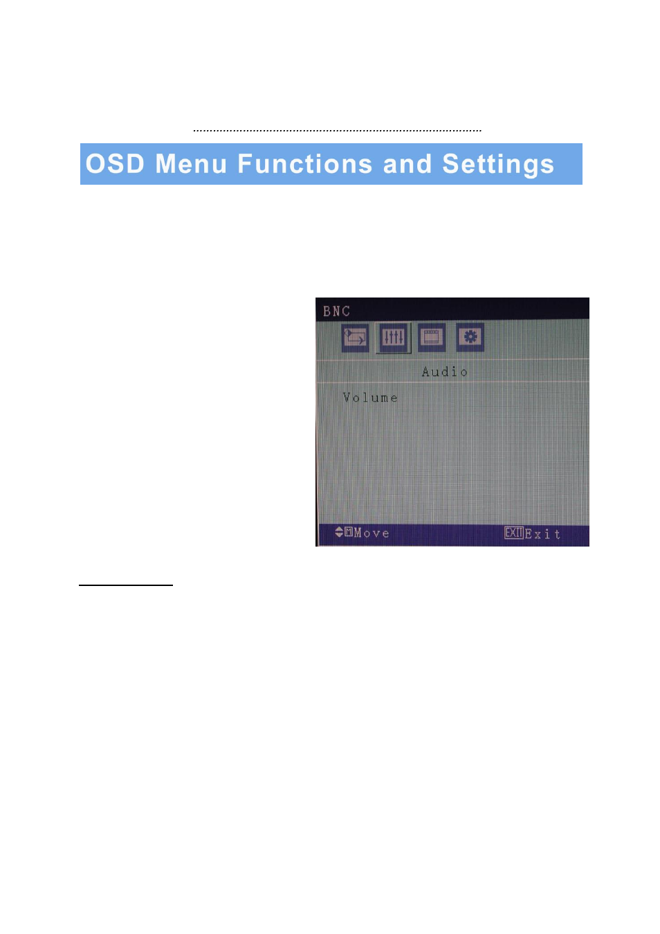 Osd setup under bnc input mode (continued), B. audio menu, Adjustments | AVUE AVG19WBV-2D – 18.5” LED CCTV Security Monitor Built-in Speakers User Manual | Page 10 / 22