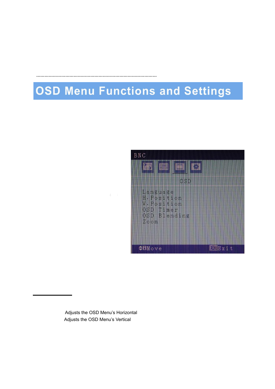 Osd setup under bnc input mode (continued), C. osd menu, Adjustments | AVUE AVG19WBV-2D – 18.5” LED CCTV Security Monitor Built-in Speakers User Manual | Page 11 / 22