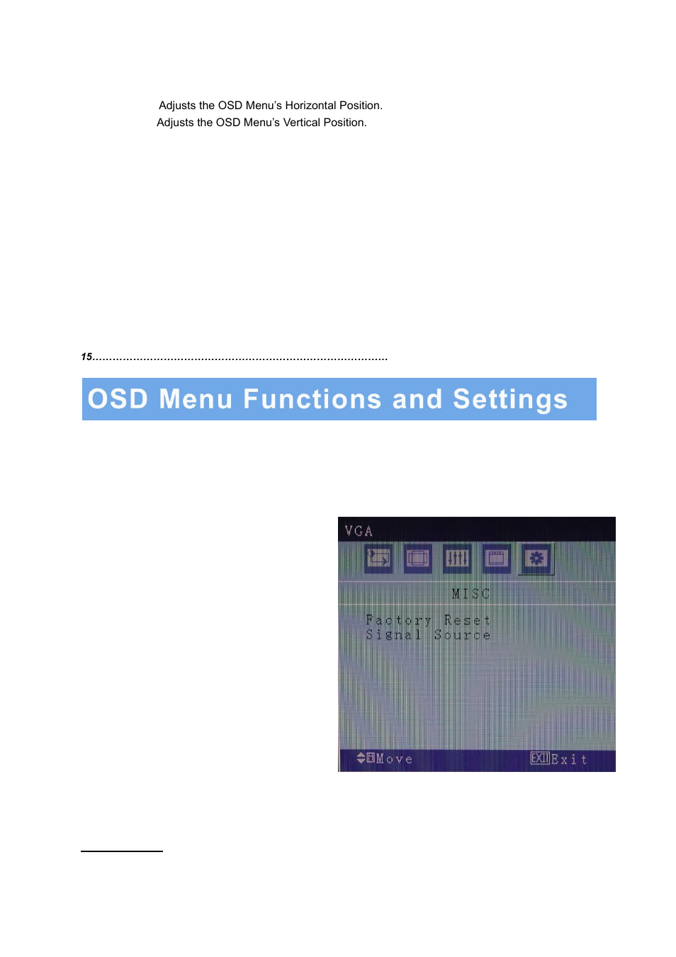 Osd setup under vga input mode (continued), E. misc | AVUE AVG19WBV-2D – 18.5” LED CCTV Security Monitor Built-in Speakers User Manual | Page 17 / 22