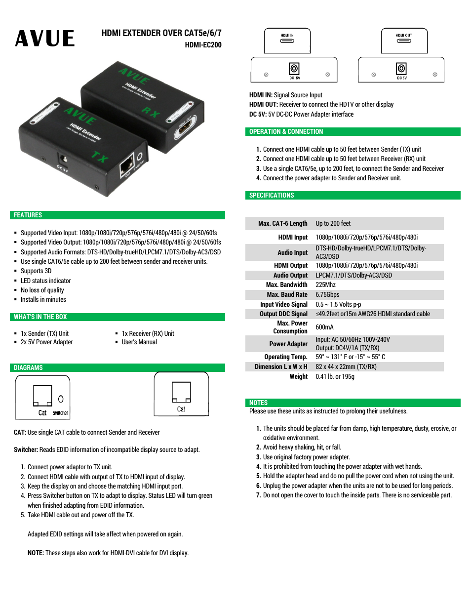 AVUE HDMI-EC200 – HDMI Extender Over CAT5e/6/7 User Manual | 2 pages
