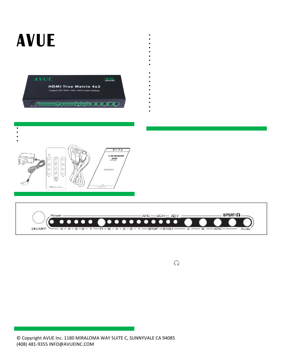 AVUE HDMI True Matrix 4×2 User Manual | 2 pages