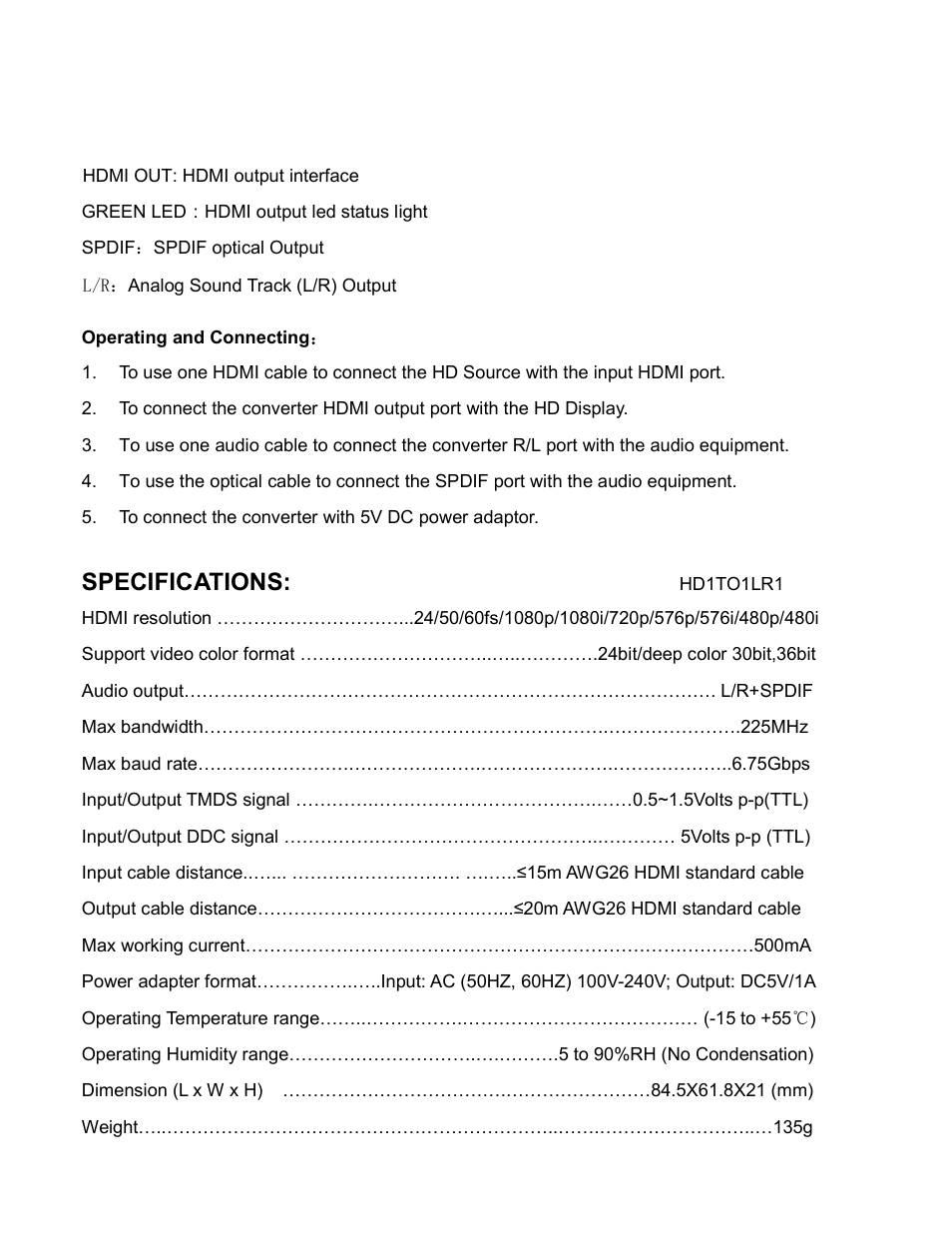 Specifications | AVUE HDMI-A011 – HDMI TO HDMI+SPDIF+L/R User Manual | Page 4 / 6