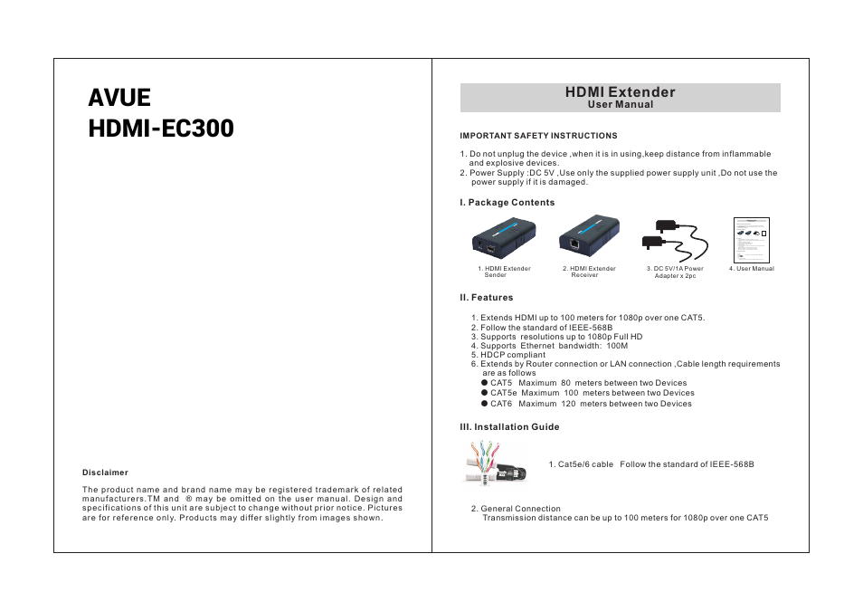 AVUE HDMI-EC300 – HDMI Extender User Manual | 2 pages