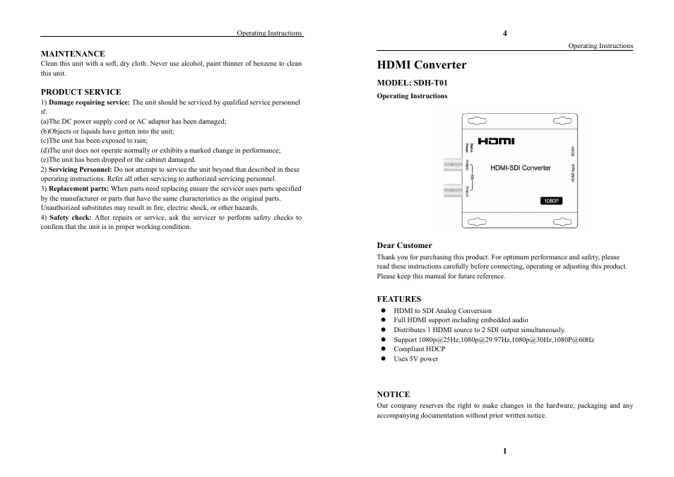 AVUE SDH-T01 – HDMI to SDI Converter User Manual | 2 pages