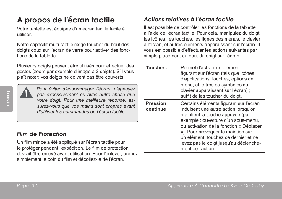 A propos de l’écran tactile | COBY MID8127 User Manual | Page 100 / 136