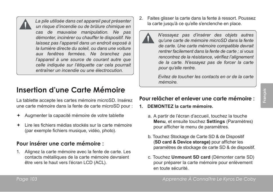 Insertion d’une carte mémoire | COBY MID8127 User Manual | Page 103 / 136