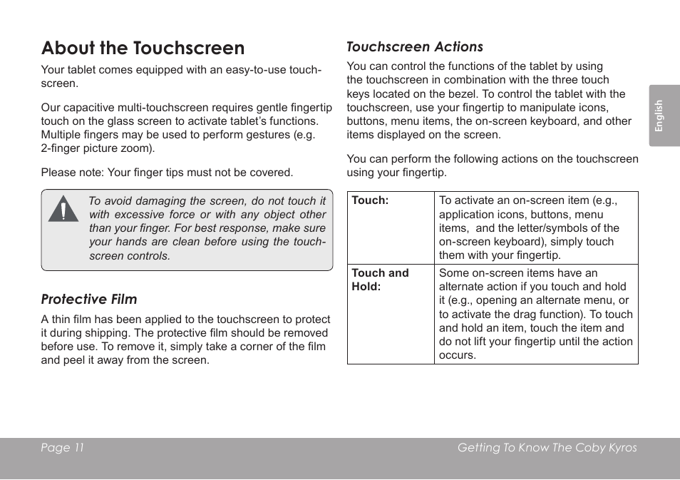 About the touchscreen | COBY MID8127 User Manual | Page 11 / 136