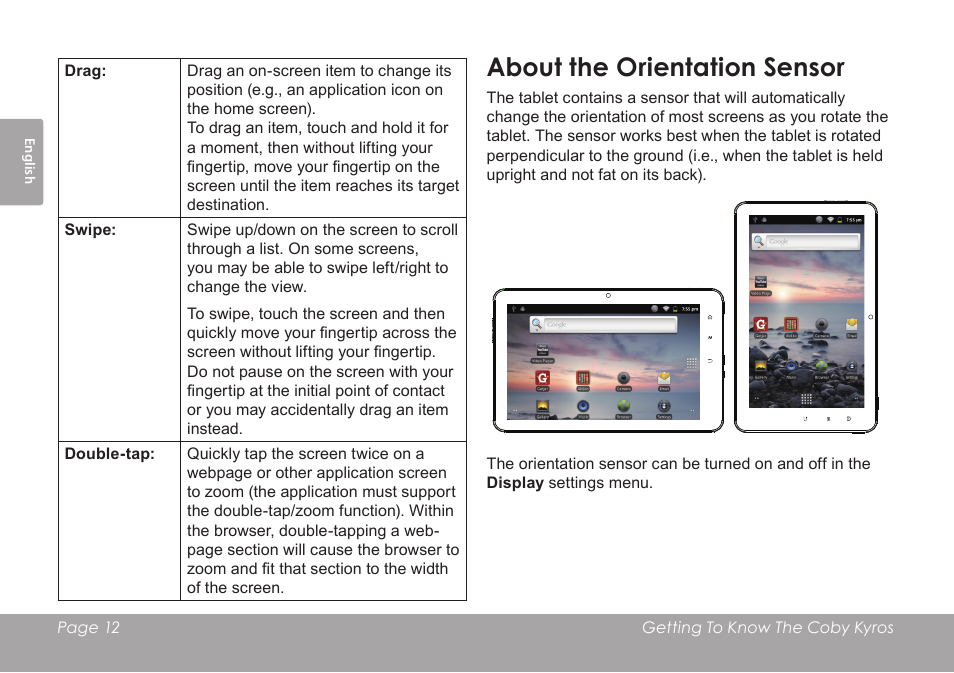 About the orientation sensor | COBY MID8127 User Manual | Page 12 / 136