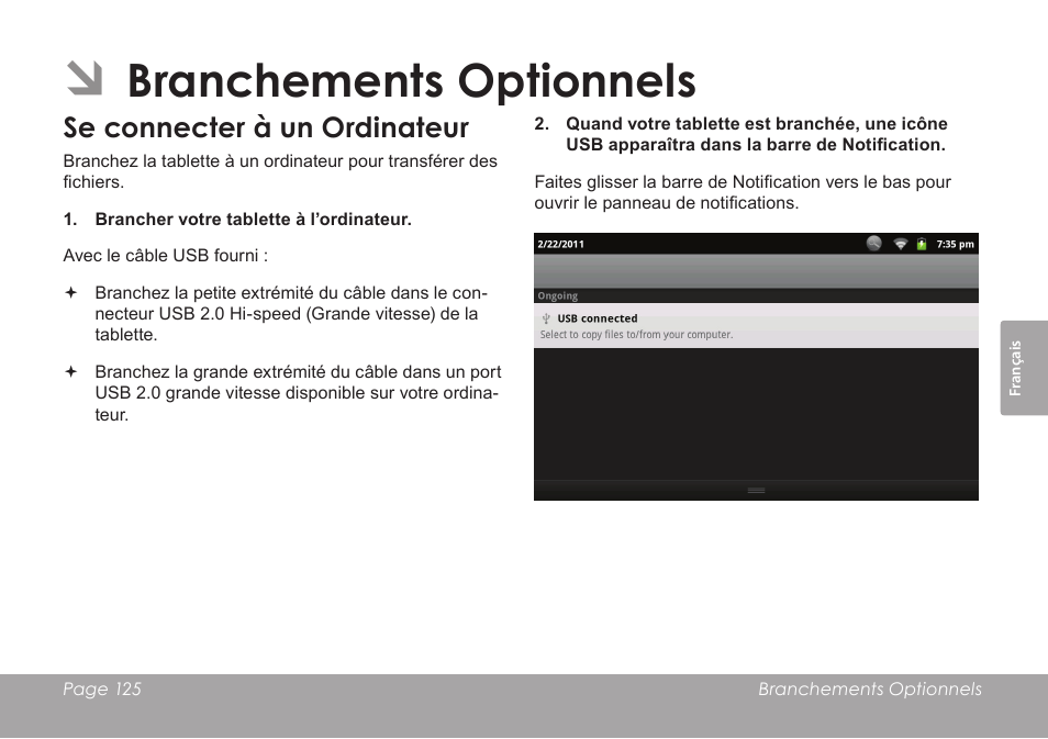Branchements optionnels, Se connecter à un ordinateur | COBY MID8127 User Manual | Page 125 / 136