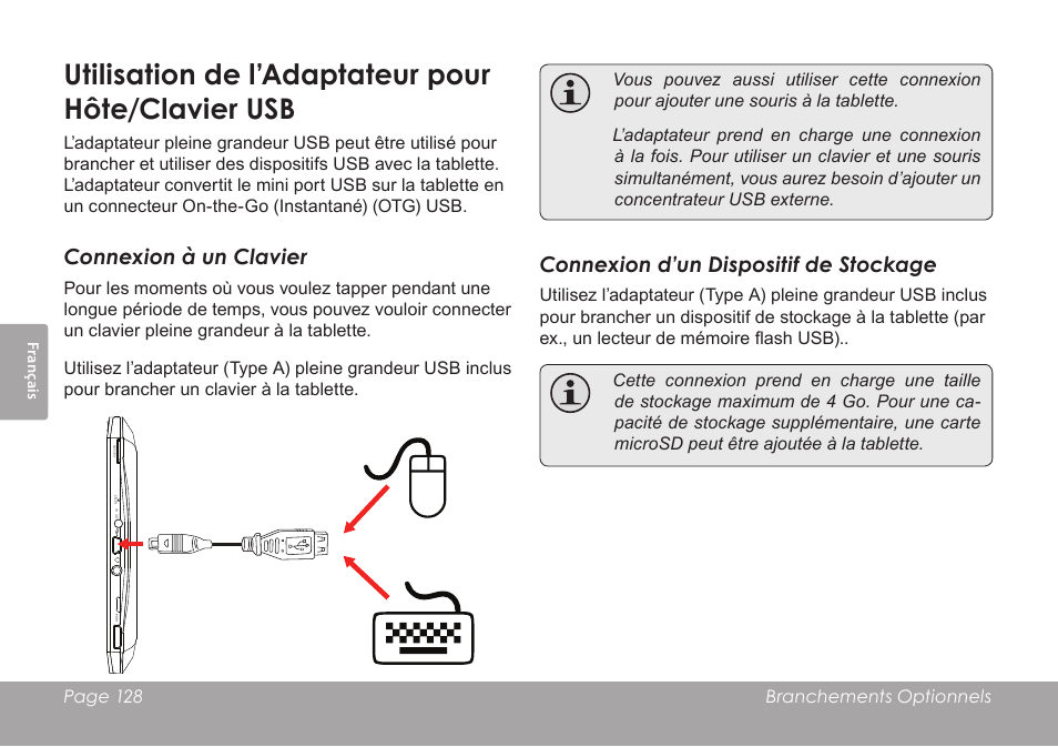Utilisation de l’adaptateur pour hôte/clavier usb, Connexion à un clavier, Connexion d’un dispositif de stockage | COBY MID8127 User Manual | Page 128 / 136