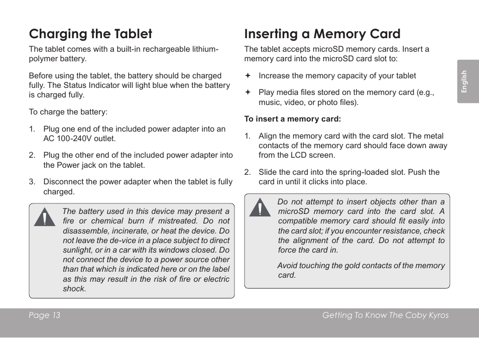 Charging the tablet | COBY MID8127 User Manual | Page 13 / 136