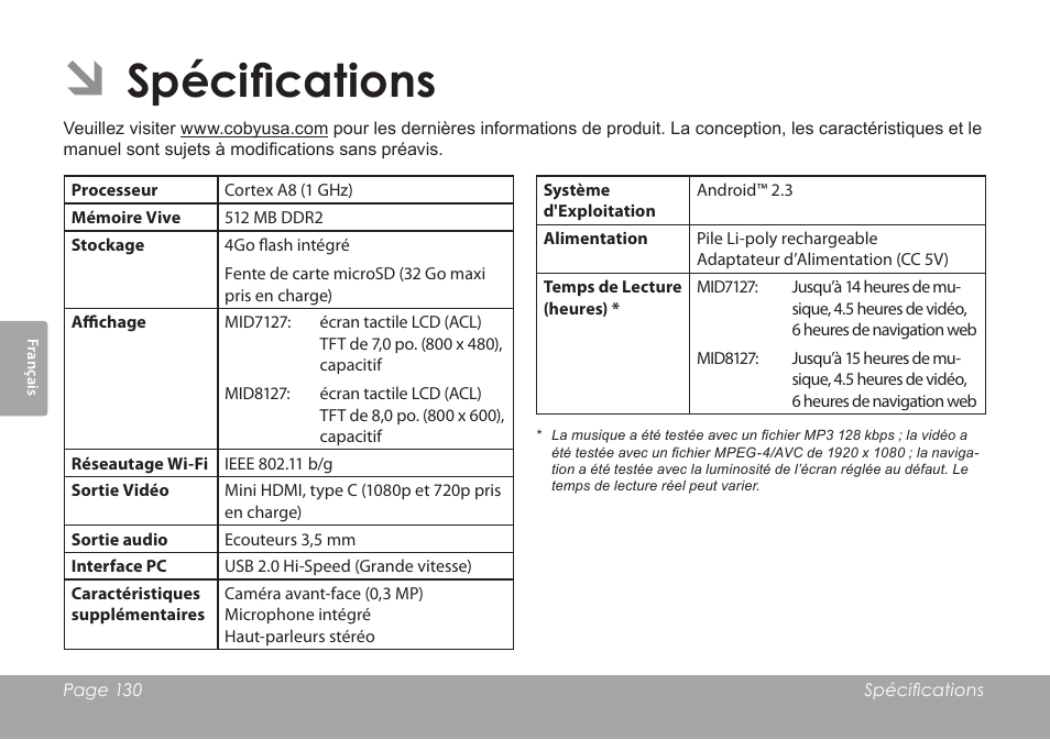 Spécifications | COBY MID8127 User Manual | Page 130 / 136