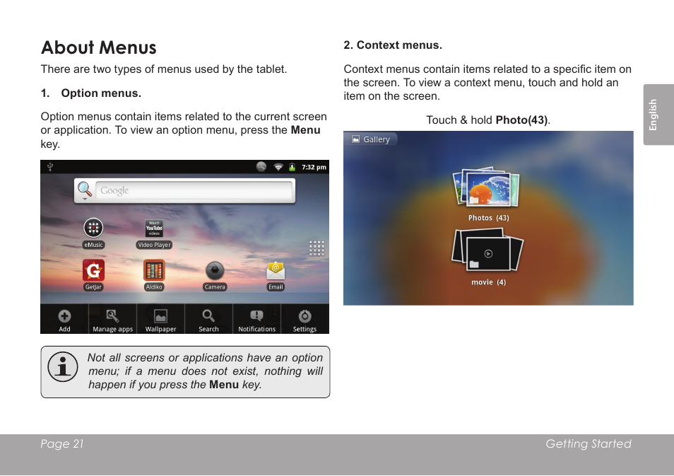 About menus | COBY MID8127 User Manual | Page 21 / 136