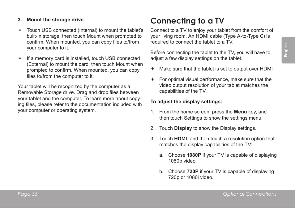 Connecting to a tv | COBY MID8127 User Manual | Page 35 / 136