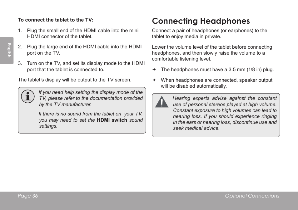 Connecting headphones | COBY MID8127 User Manual | Page 36 / 136
