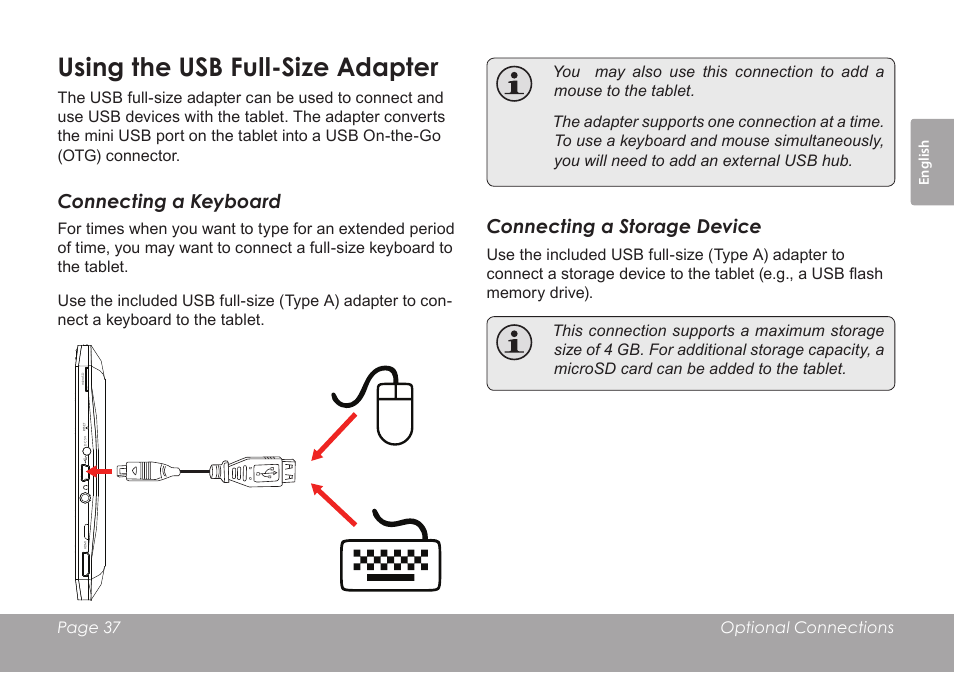 Using the usb full-size adapter, Connecting a keyboard, Connecting a storage device | COBY MID8127 User Manual | Page 37 / 136