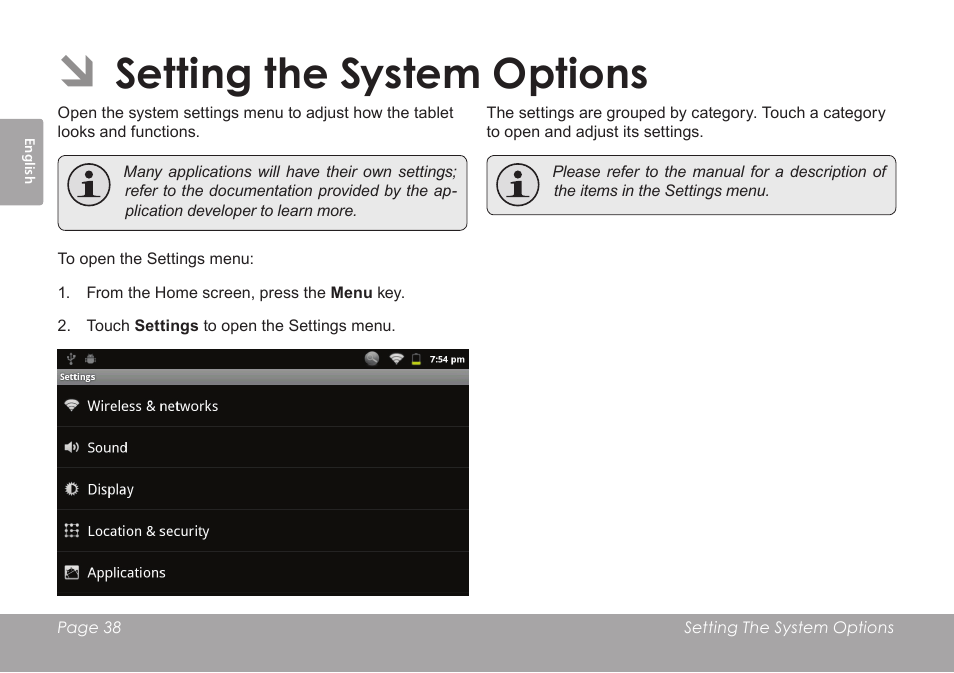 Setting the system options | COBY MID8127 User Manual | Page 38 / 136