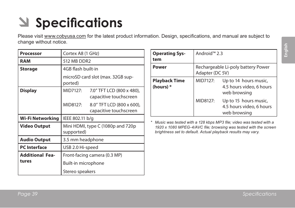 Specifications | COBY MID8127 User Manual | Page 39 / 136