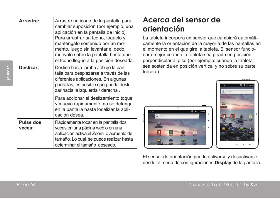 Acerca del sensor de orientación | COBY MID8127 User Manual | Page 56 / 136