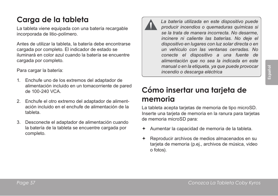 Carga de la tableta | COBY MID8127 User Manual | Page 57 / 136