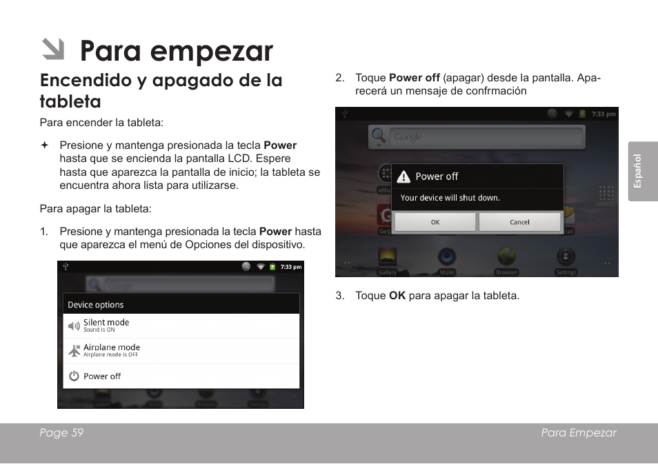 Para empezar, Encendido y apagado de la tableta | COBY MID8127 User Manual | Page 59 / 136