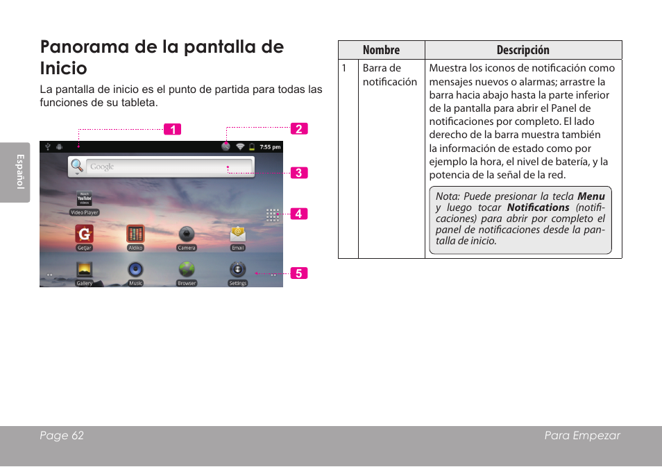 Panorama de la pantalla de inicio | COBY MID8127 User Manual | Page 62 / 136