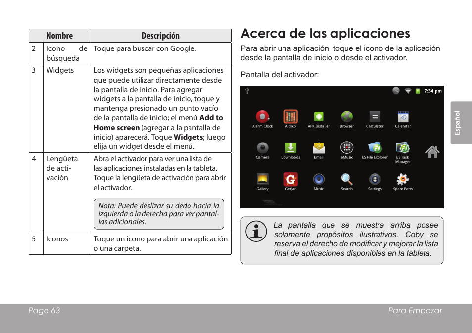 Acerca de las aplicaciones | COBY MID8127 User Manual | Page 63 / 136