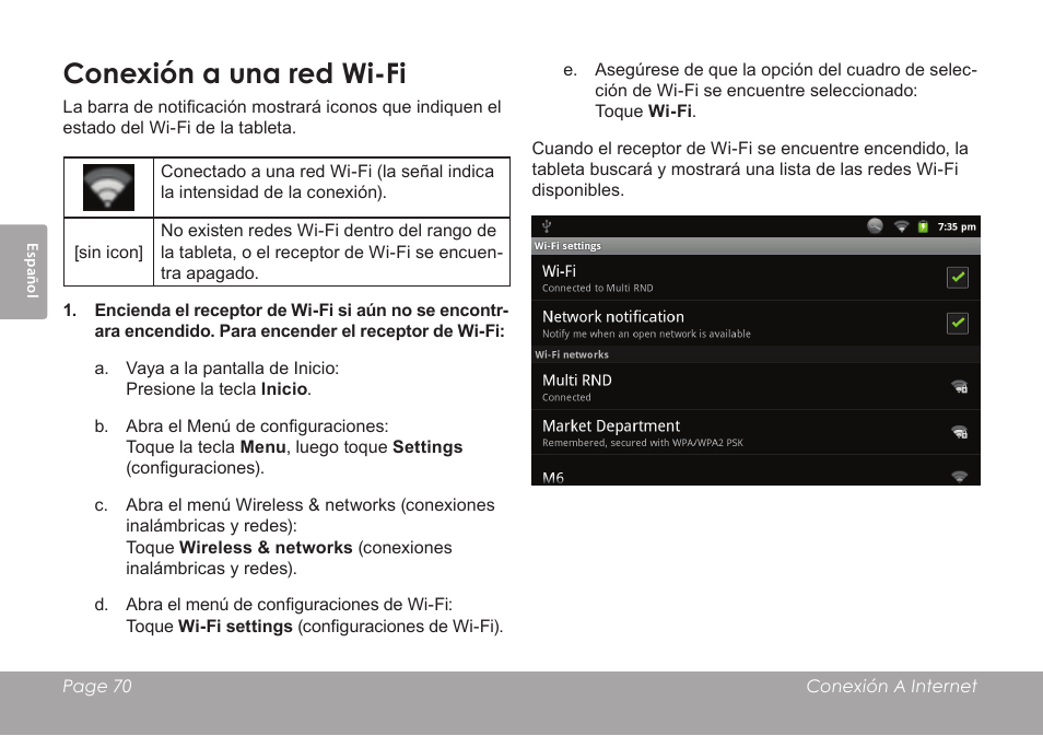 Conexión a una red wi-fi | COBY MID8127 User Manual | Page 70 / 136