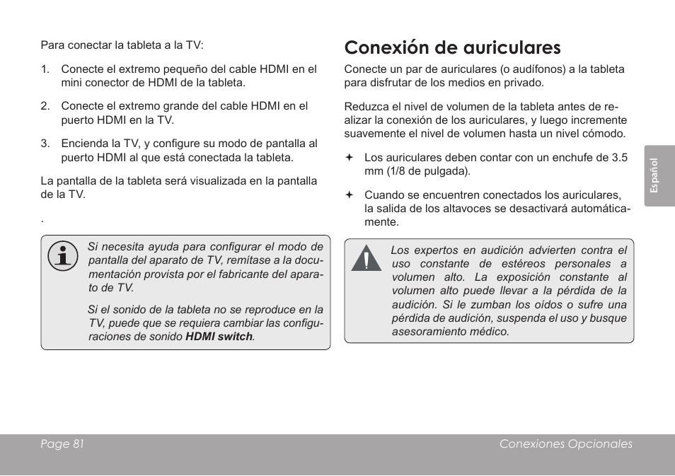 Conexión de auriculares | COBY MID8127 User Manual | Page 81 / 136