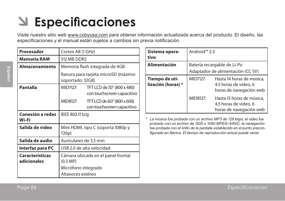 Especificaciones | COBY MID8127 User Manual | Page 84 / 136
