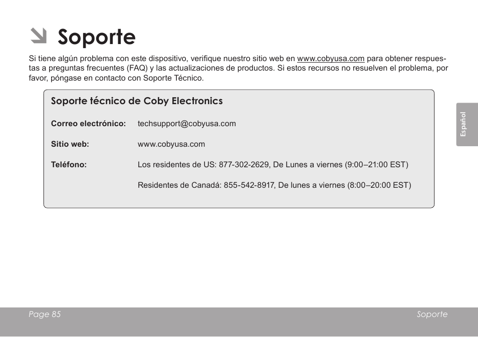 Soporte | COBY MID8127 User Manual | Page 85 / 136