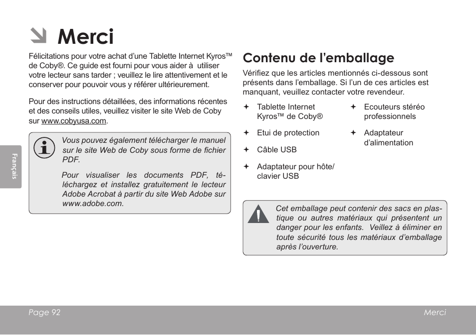 Merci, Contenu de l’emballage | COBY MID8127 User Manual | Page 92 / 136