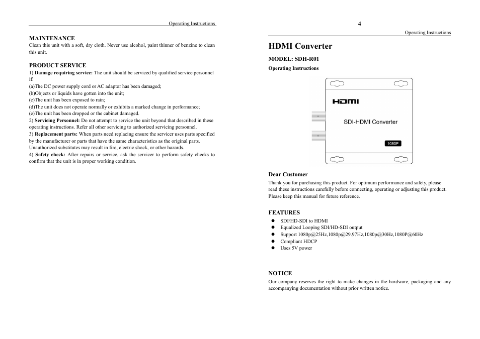 AVUE SDH-R01 – SDI to HDMI Converter User Manual | 2 pages