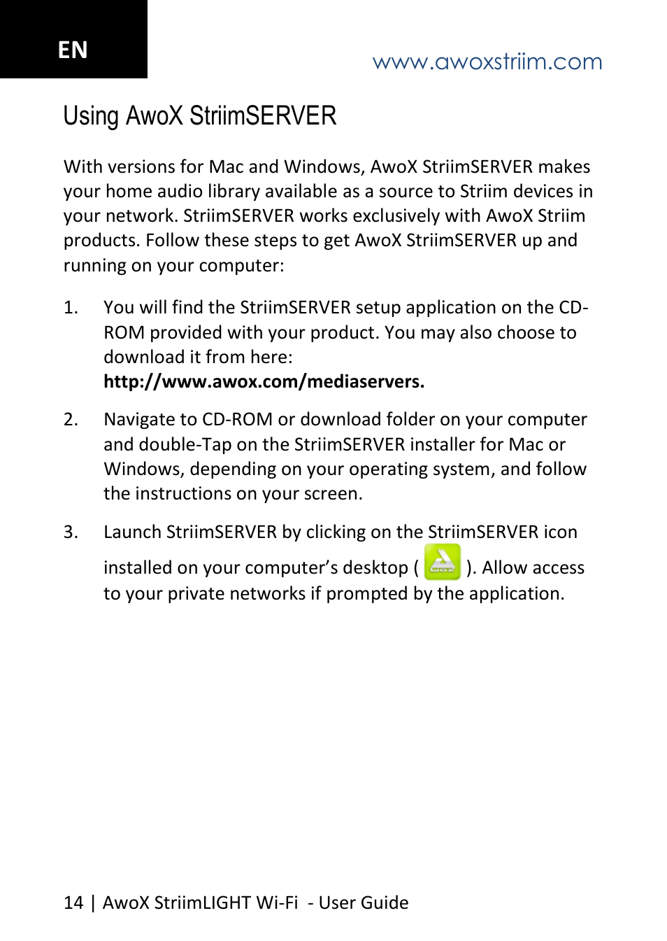 Using awox striimserver, En using awox striimserver | AwoX StriimLIGHT WiFI User Manual | Page 14 / 32