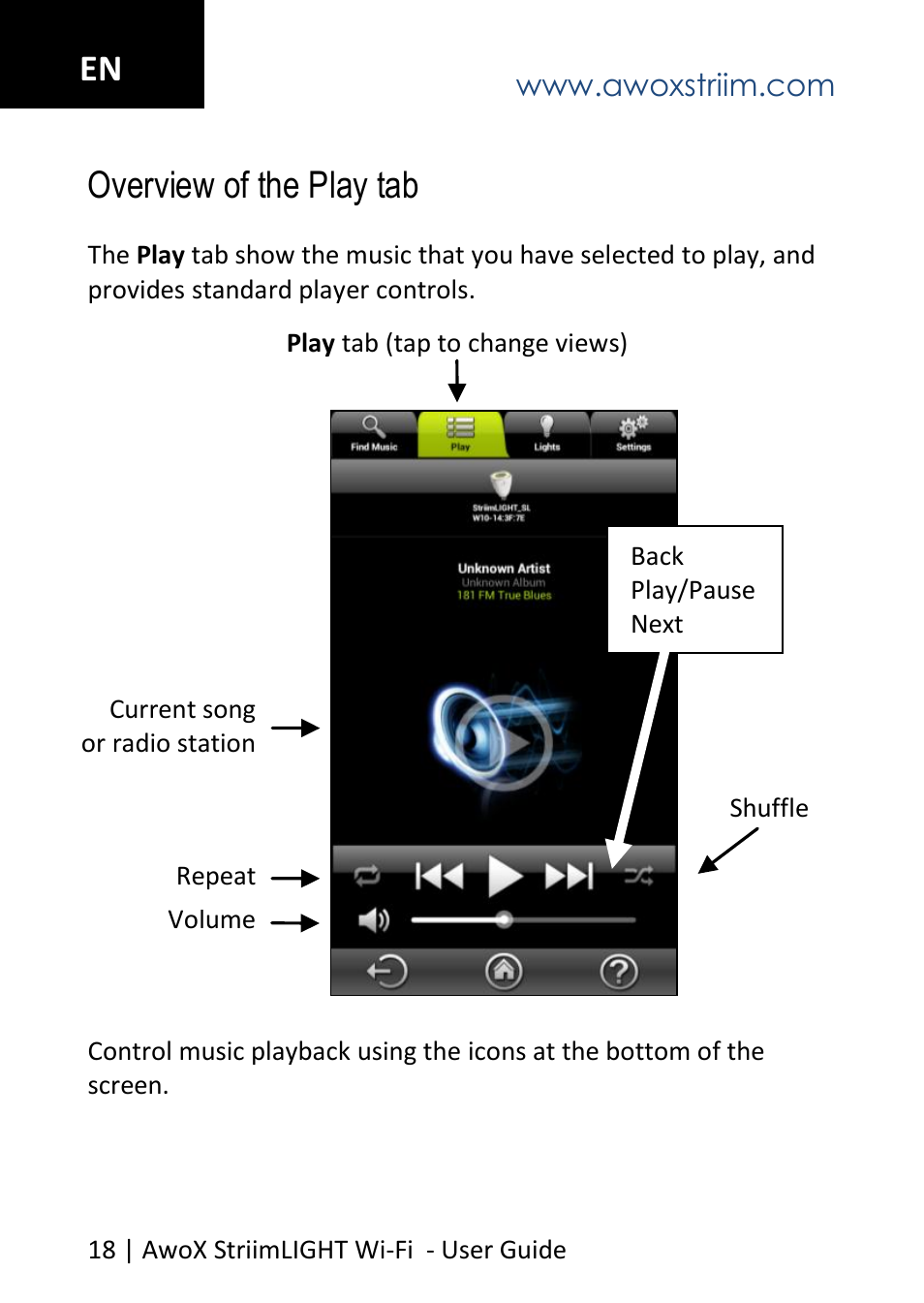 Overview of the play tab, En overview of the play tab | AwoX StriimLIGHT WiFI User Manual | Page 18 / 32