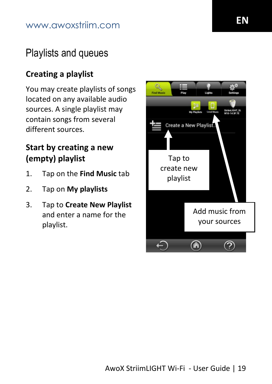 Playlists and queues, En playlists and queues | AwoX StriimLIGHT WiFI User Manual | Page 19 / 32