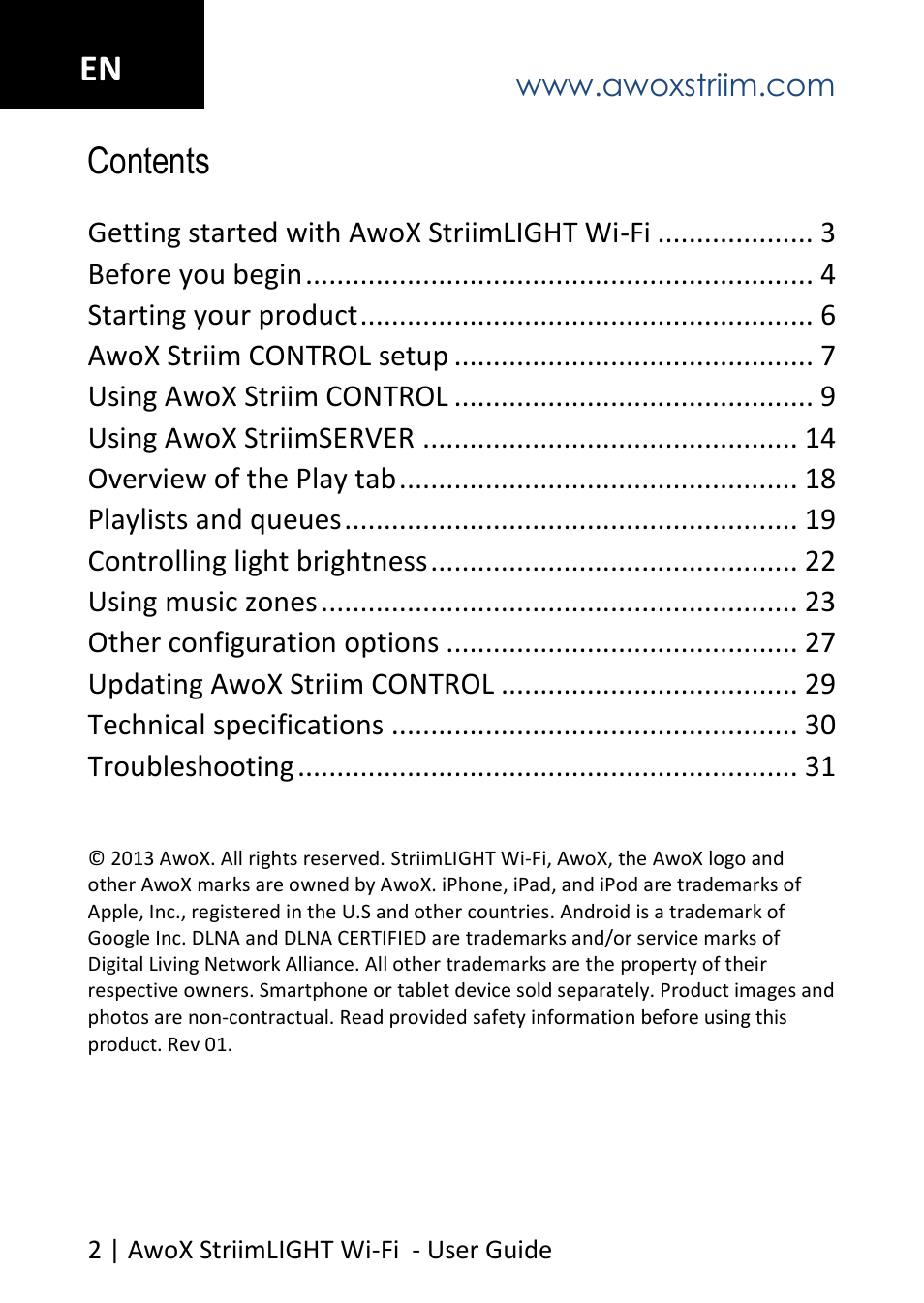 En contents | AwoX StriimLIGHT WiFI User Manual | Page 2 / 32