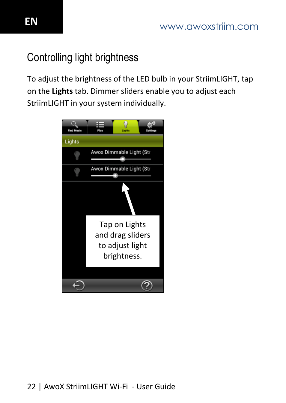 Controlling light brightness, En controlling light brightness | AwoX StriimLIGHT WiFI User Manual | Page 22 / 32