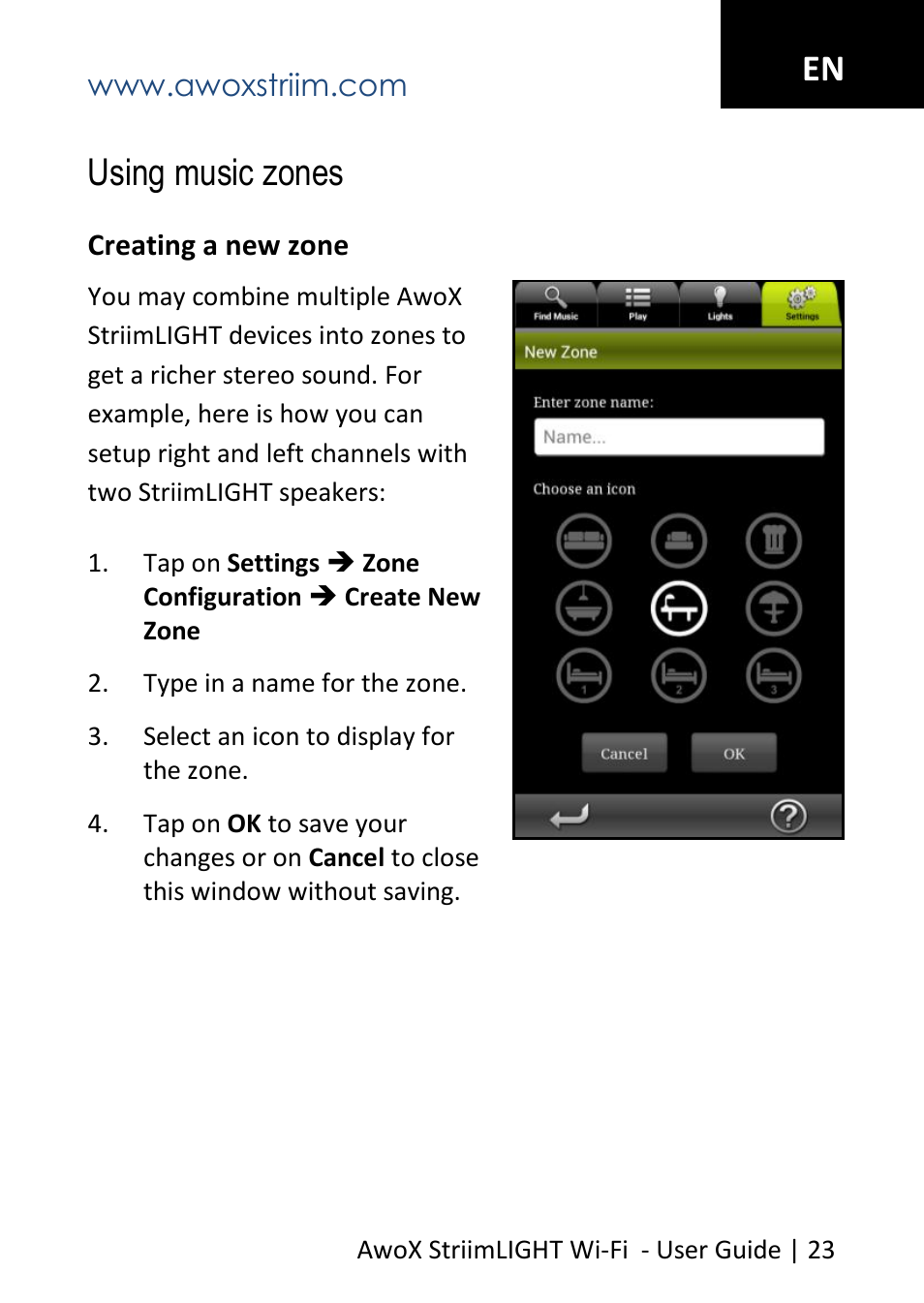 Using music zones, En using music zones | AwoX StriimLIGHT WiFI User Manual | Page 23 / 32