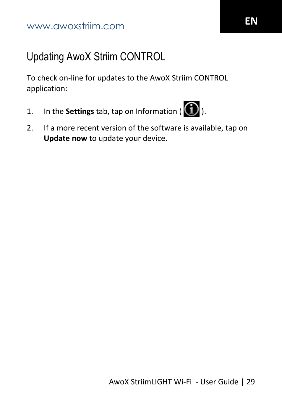 Updating awox striim control, En updating awox striim control | AwoX StriimLIGHT WiFI User Manual | Page 29 / 32