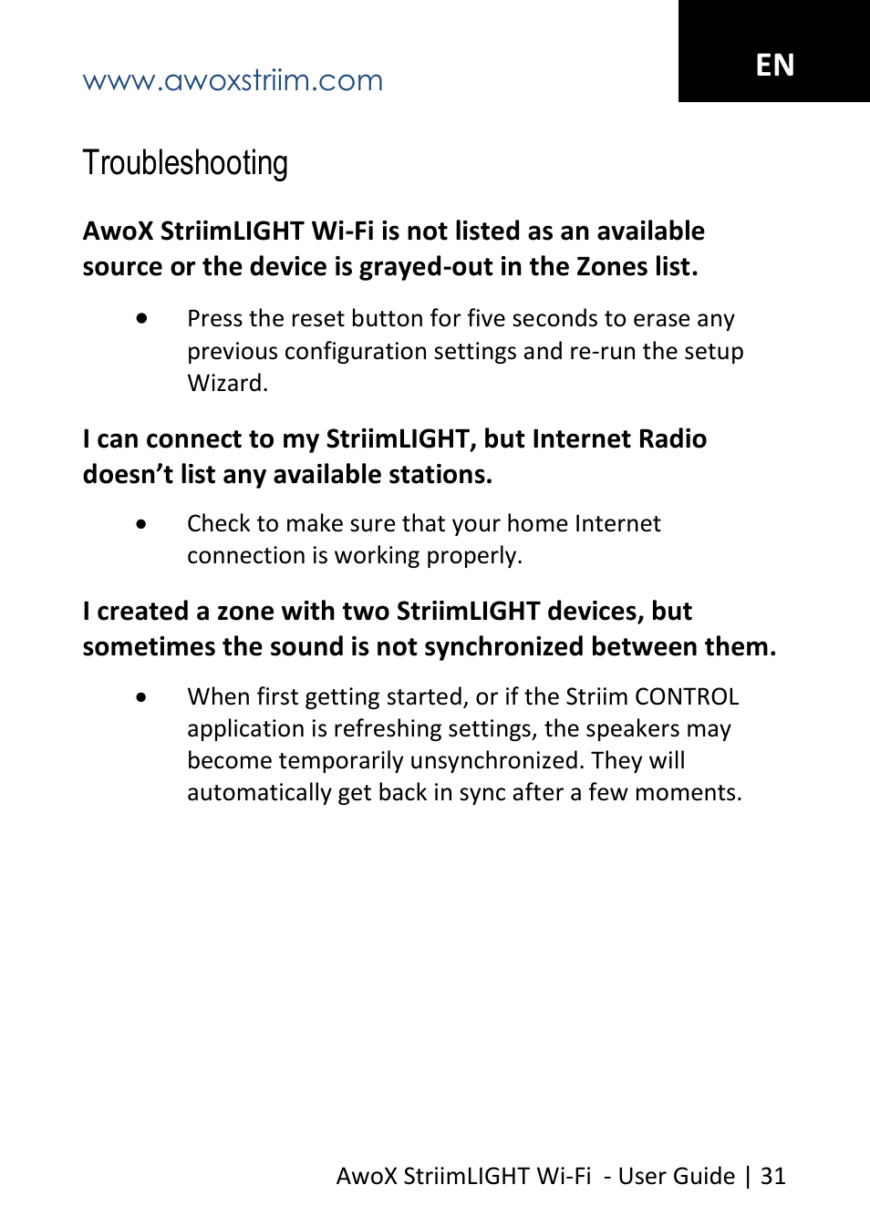 Troubleshooting, En troubleshooting | AwoX StriimLIGHT WiFI User Manual | Page 31 / 32