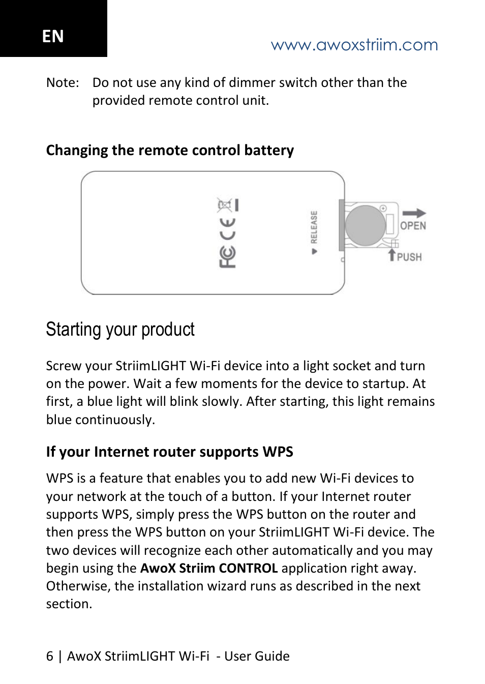 Starting your product | AwoX StriimLIGHT WiFI User Manual | Page 6 / 32