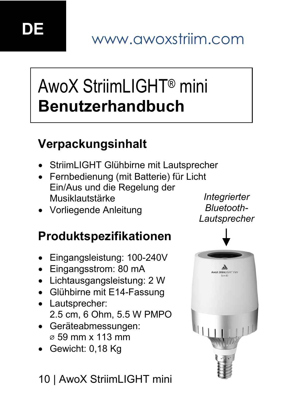 Awox striimlight, Mini, Benutzerhandbuch | AwoX StriimLIGHT mini User Manual | Page 10 / 76